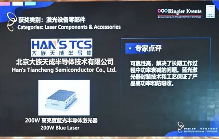 天成200W高亮度蓝光激光器获得“荣格技术创新奖”